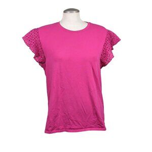 Karl Lagerfeld Top Womens Size Large Pink Eyelet Flutter Sleeve Cotton Stretch
